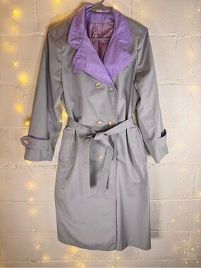 Vintage 80s/90s Gray & Lavender Belted Trench Coat Women’s Size 14 Made in Korea